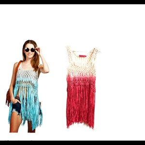 Boohoo Cream and Pink Crochet Top with Long Fringe